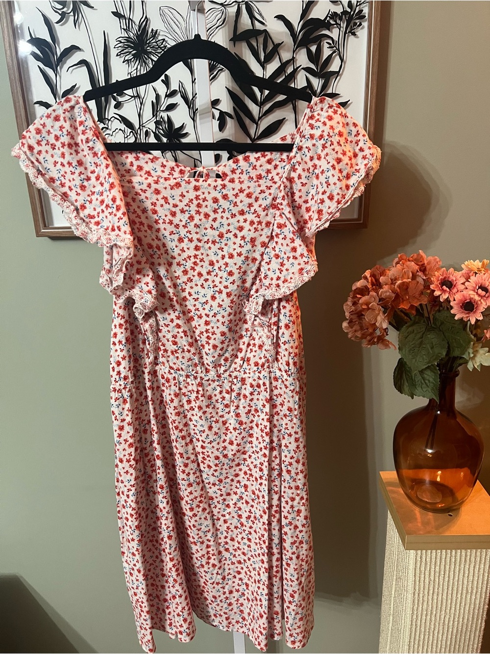 Old Navy White Red Floral Prairie Flutter Sleeve Tie Back Mini Dress Size 2X - Picture 3 of 9